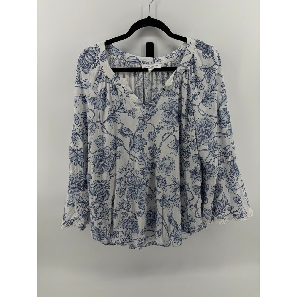 Floral & Vine, By Spence, Long Sleeve Blouse, White/Blue V-Neck, Women Size XL